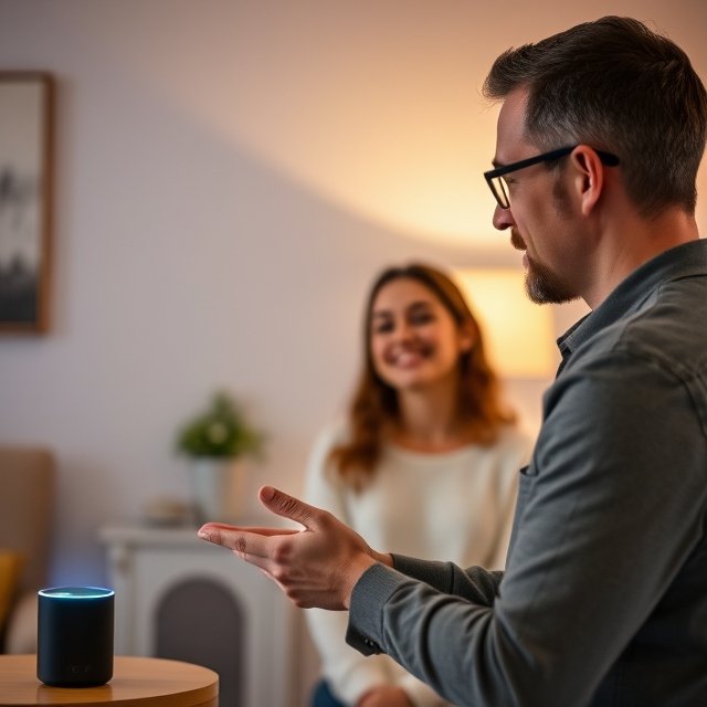 a man and woman talking to alexa to control smart home
